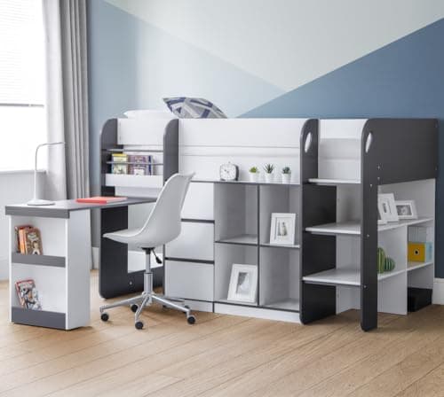 Image of happybeds Children's Mid Sleeper, Saturn 3ft Single Mid Sleeper Bed in 5 Colours and 4 Mattress Options (3FT - Open Spring Mattress, Grey and White)