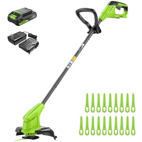 Image of Greenworks 24V Cordless Strimmer Blade Grass Trimmer Battery Powered String Trimmer, 25cm Cutting Width, Includes 20 Blades, 2.0Ah Battery and Charger Included, Green