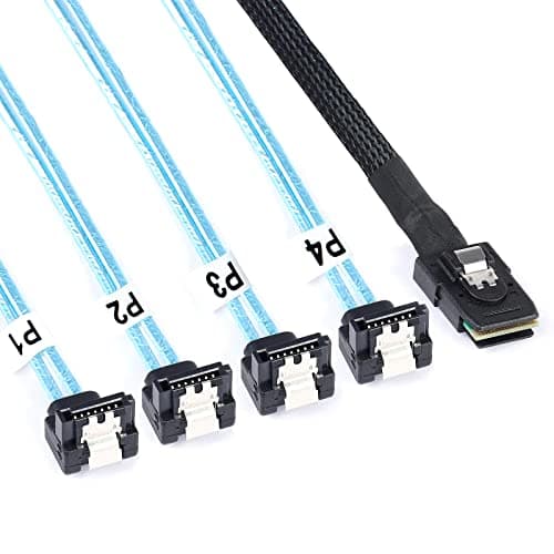 Image of ADCAUDX Mini SAS to SATA Cable: 0.5M SFF-8087 to 4x SATA 90 Degree Breakout, Compatible with Hard Drives, SSDs, RAID Controllers