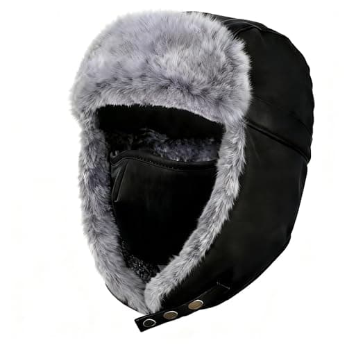 Image of Unigear Winter Bomber Hats, Faux Fur Warme Hats Windproof Trooper Trapper Hat Aviator Caps with Ear Flap and Windproof Mask for Skating, Skiing, Hunting or Daily Use Black