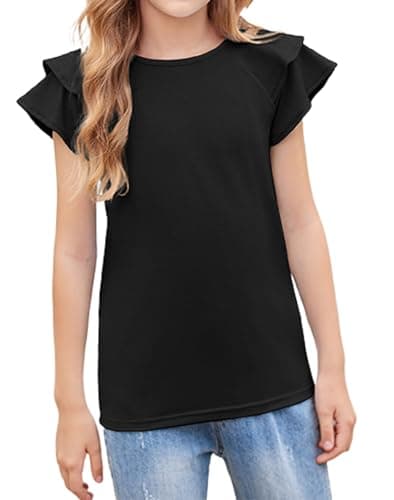 Image of Arshiner Girls T-Shirts Wavy Sleeves Kids Summer Cotton Short Sleeve Tops Casual Fashion Round Neck Tshirt for Girls 7-8 Years Black