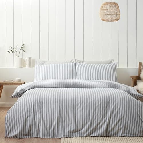 Image of Catherine Lansfield Brushed Stripe Cotton Reversible Double Duvet Cover Set with Pillowcases Silver Grey