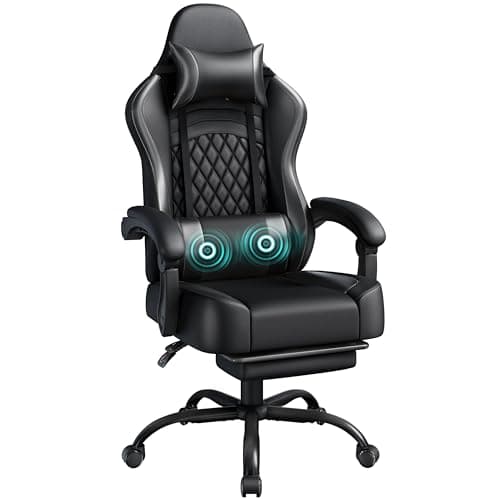 Image of Yaheetech Gaming Chair, Ergonomic Racing Gaming Chair with Massage Lumbar Pillow, High-Back Office Chair with Slide-Out Footrest and Padded Linkage Armrests for Adults Full Black
