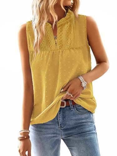 Image of TUUHAW Tank Top V-Neck Sleeveless Ruffle Vest Tops Women UK Shirts Flowy Spring Shirts for Women Swiss Dot Tassel Trendy Dressy Blouses Loose Babydoll Ladies Oversized Yellow Bardot Clothes M