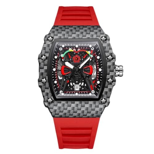 Image of RORIOS Men's Fashion Watch Tonneau Sport Wristwatch Analogue Quartz Watch Luminous Date Calendar Watch for Men with Silicone Strap Red