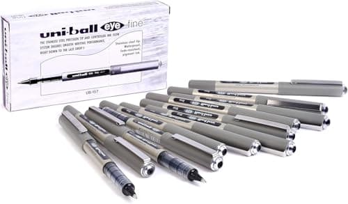 Image of uni-ball UB-157 Eye Rollerball Pens. Premium Fine 0.7mm Ballpoint Tip for Super Smooth Handwriting, Drawing, Art, Crafts and Colouring. Fade and Water Resistant Liquid Uni Super Ink. Box of 12 Black
