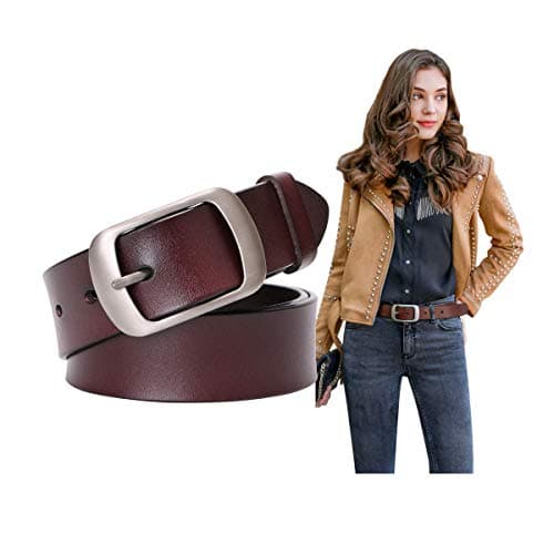 Image of SUOSDEY Fashion Womens Leather Belts for Jeans Pants with Metal Pin Buckle Ladies Retro Vintage Leather Waist Belt coffee