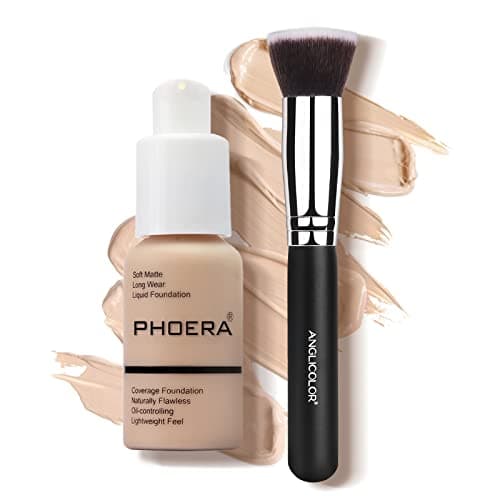 Image of PHOERA 30ml Foundation Liquid, Foundation Full Coverage 24HR Matte Oil Control Concealer Liquid Foundation With foundation Brush,Soft Matte Full Coverage Foundation and Concealer (102 with brush)