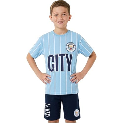 Image of Get Trend Manchester City FC Boys Pyjama Set 7-14 Yrs, Short Cotton Pj Bottoms & Soft T-Shirt, Football Loungewear Boys Gifts (Man City, Blue/Navy, 9-10 Years)