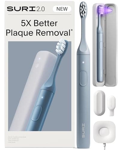 Image of SURI 2.0 NEW Sonic Electric Toothbrush with Pressure Sensor & UV-Cleaning Travel Case |1 month+ Battery | Designed in London | Electric Toothbrush for Adults | Travel Toothbrushes | Tooth Brush | Blue