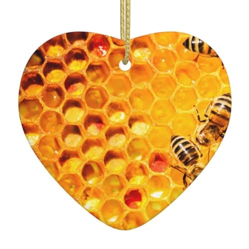 Image of WXWJSHMGC Bee On Honeycomb Print Christmas Tree Ceramic Hanging Heart Bauble Ornaments Festive Xmas Pendant Decorations For Party Home Decor