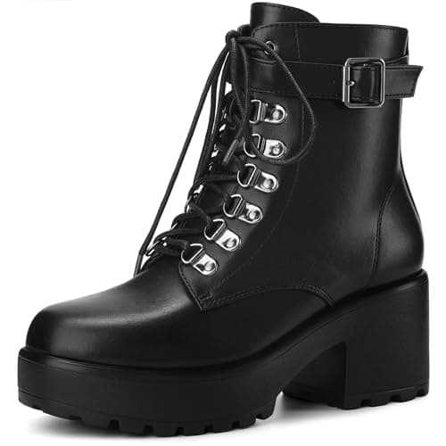 Image of Perphy Round Toe Platform Chunky Heels Combat Boots for Women Black 5 UK/Label Size 7 US