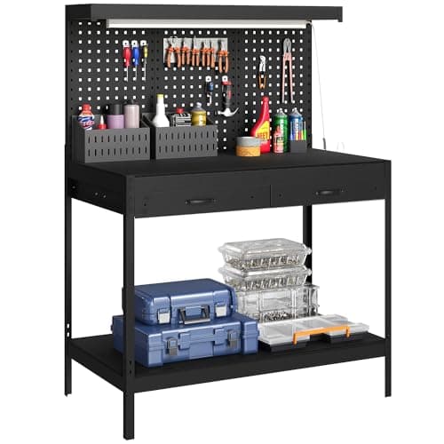Image of HOMCOM Workbench with Pegboard, Heavy-Duty Work Bench with 2 Drawers and Adjustable Shelf, Workstation for Garage Workshop Warehouse, 272 kg Load Capacity, 110 x 60 x 150 cm, Black