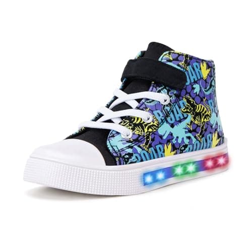 Image of Boys Trainers Kids High-Top Flashing Canvas Shoes Unisex Child Light Up Lightweight Casual Shoes Blue Purple Dinosaur Size 12