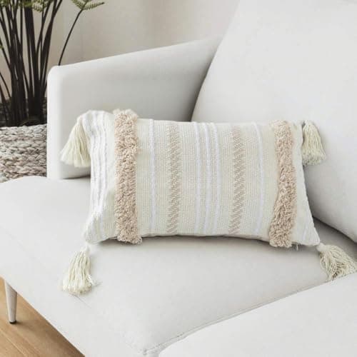 Image of LOMOHOO Decorative Boho Throw Pillow Cover,30x50 Beige Pillowcase for Couch Sofa Bed,Woven Tufted Cotton Cushion Case with Tassels for Living Room Office Car Lumbar Pillow (Beige, 30 * 50cm)