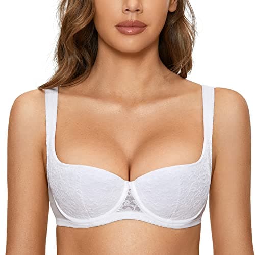 Image of DOBREVA Women's Push Up Bra Sexy Balconette Bra Padded Half Cup Lace Underwired White (Cup Size is Small. Order 1 Cup Size up.) 38F
