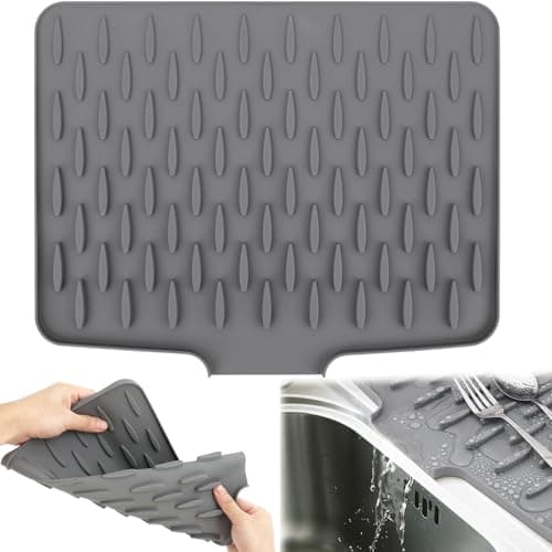 Image of RZCOMP Silicone Draining Mat,Silicone Dish Drying Mat Non-Slip Sink Drainer Mat,No-Spill Mat & Heat Resistant Folding Draining Board Mat for Campervan Kitchen Counter,Sink (Grey)
