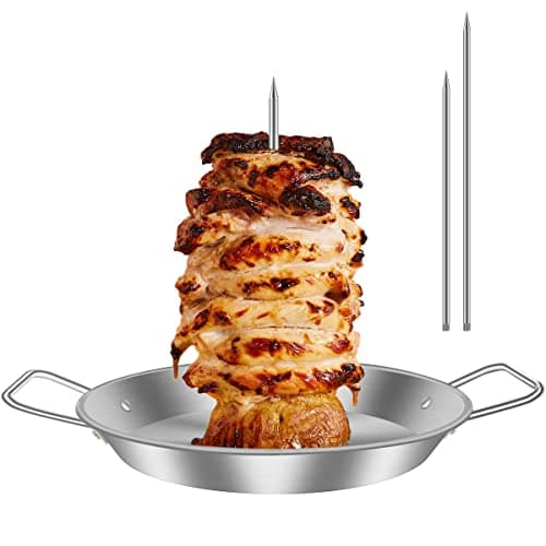 Image of Vertical Meat Skewer, Stainless Steel BBQ Vertical Skewer Grill with 3 Replacement Spikes,Brazilian Barbecue Grilling Rack Meat Spit with Drip Tray for Whole Chicken Fish Sausage Steak