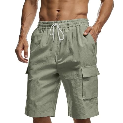 Image of ADUDVLO Men’s Linen Shorts with 4 Pockets, Elasticated Waist with Drawstring – Casual Mens Short Shorts for Summer (UK, Alpha, L, Regular, Regular, Gray-Green)