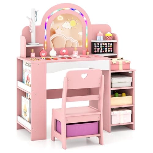 Image of COSTWAY Kids Vanity Set, Girls Dressing Table with Lights Mirror, Bookshelf, Drawers, Storage Compartments, Wooden Makeup Table and Chair Set (Pink with Jewelry Storage)