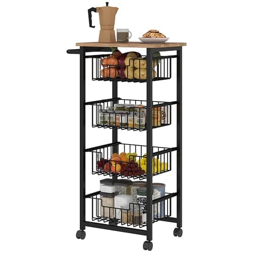 Image of HOMCOM 4-Tier Kitchen Island on Wheels, Rolling Kitchen Storage Trolley with 4 Pull-Out Mesh Baskets, Mobile Utility Serving Cart, Oak