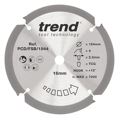 Image of Trend PCD Fibre Cement Circular Saw Blade, 184mm Diameter, 16mm Bore, 4 Teeth, 2.2mm Kerf, +12° Hook, PCD, Coarse Finish, PCD/FSB/1844