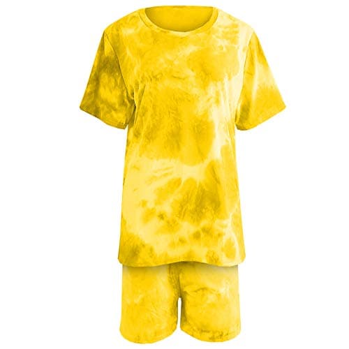 Image of Ladies 2-Piece Oversized Tie Dye Printed T-Shirt and Loose Shorts Gym Casual Workout Yoga Fitness Set Pink Green Yellow White Blue Black Orange Multicoloured 8 10 12 14 (Yellow/White, L/XL (12/14))