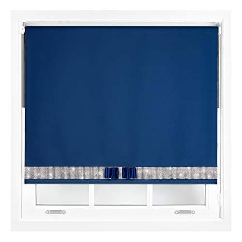 Image of FURNISHED Diamante Blackout Blinds with Bow - Decorative Diamond Sparkle Design Roller Blind Navy Blue Cut to Size Up to 90W x 165L cm
