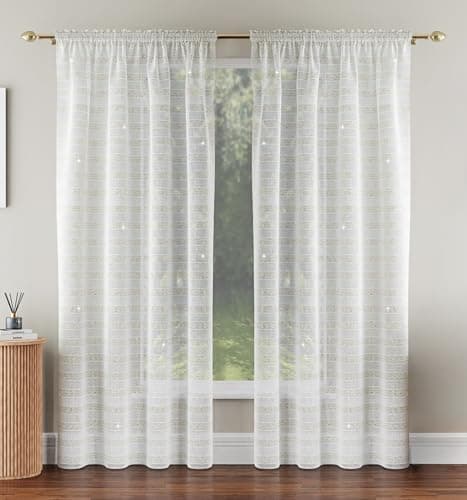 Image of Tyrone Textiles Pair of Lima White Sheer Curtains with Gold Metallic Lurex Stripes - Light Filtering Voile Curtain x 2 Panels - Slot Top Rod Pocket Net Curtains for Bedroom