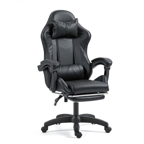 Image of Panana Gaming Chair, Racing Style Office High Back Ergonomic Conference Work Chair Reclining Computer PC Swivel Desk Chair 145 Degree Reclining Angle with Headrest, Lumbar Cushion & Footrest (Black)