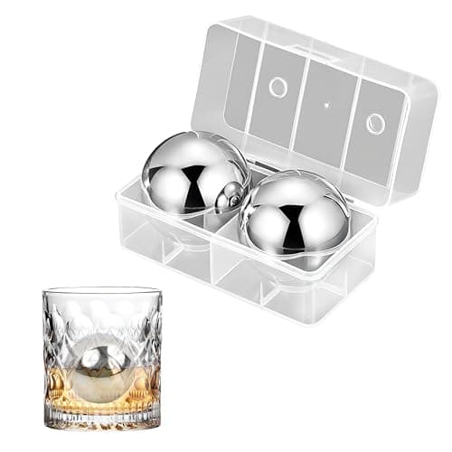 Image of 55 mm Stainless Steel Ice Ball Set with Storage Box, 2 Pcs Metal Ice Spheres, Large Round Whiskey Chilling Stones, Reusable Spherical Metal Ice Cubes, Chilling Balls for Beer/Cocktail/Vodka/Wine