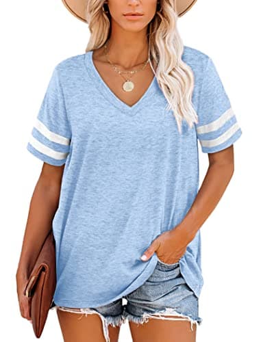 Image of MOLERANI Womens Tops V Neck Short Sleeve Striped Summer T Shirts Casual Loose Tee Sky Blue Size 14-16