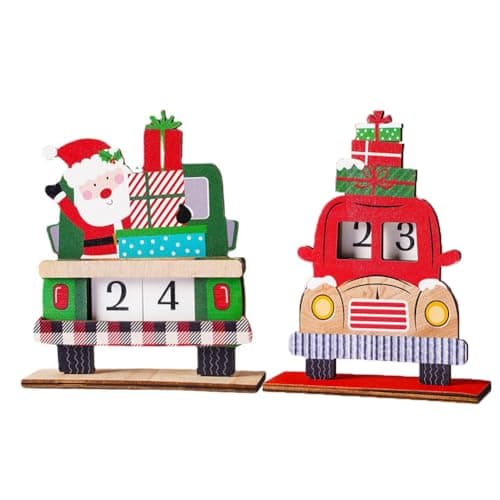 Image of Christmas Advent Calendar Blocks PyrrlicToy Santa Claus Car Shape Xmas Countdown Calendar Wooden DIY Calendars Ornament Christmas Ornament for Home Office Decoration,2pcs