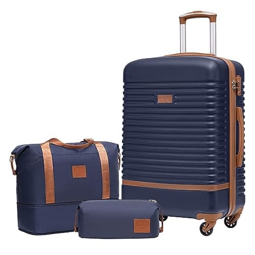 Image of COOLIFE Suitcase Set 3PC - 24" Lightweight ABS Hard Shell Luggage + Travel Bag, Medium Suitcase with 360° Wheels, TSA Locks for Family Travel, Cruise & Long Trips Blue/Brown