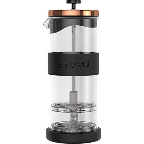 Image of bonVIVO Handheld Milk Frother with Glass Jug FOMO, Stainless Steel Coffee Frother, Manual Milk Foamer with Fine Mesh Sieve, Splash Guard, Copper Finish, 400ml (13.5 Oz)