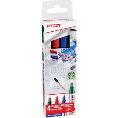 Image of edding 8400 CD/DVD/BD Marker - Multi-Coloured - 4 pens - fine Round Nib 0.5-1 mm - for Permanent Labelling of CDs, DVDs and Blu-Ray Discs
