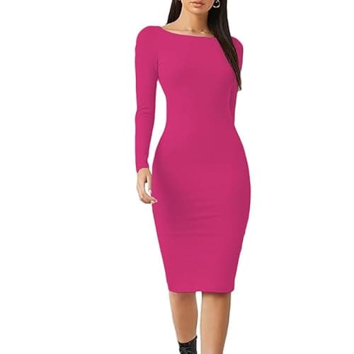 Image of Prime fashions Women’s Long Sleeve Midi Maxi Summer Bodycon Dress Modern Pain and Multi-Purpose Dress (Hot Pink, M-L)