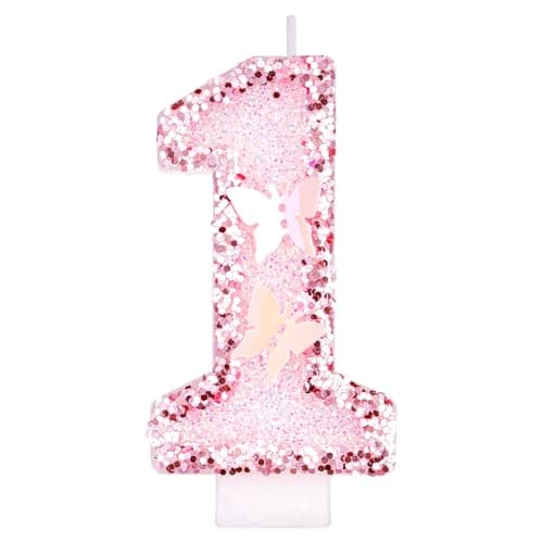 Image of Alaoo Butterfly Birthday Candles, Pink Number 1 Candle Glitter 1st Number Candle 1st Cake Topper for Girls Butterfly Theme Party Themed Birthday Decorations Party Supplies