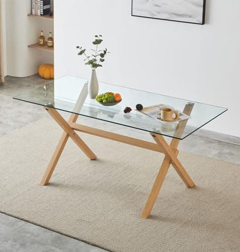 Image of Hallowood Furniture Cullompton Large Glass Dining Table, 4-6 Seater Rectangular Glass Table Top with Wooden Effect Metal Legs for Dining Rooms, Kitchens, Office or Cafés (160x80cm)
