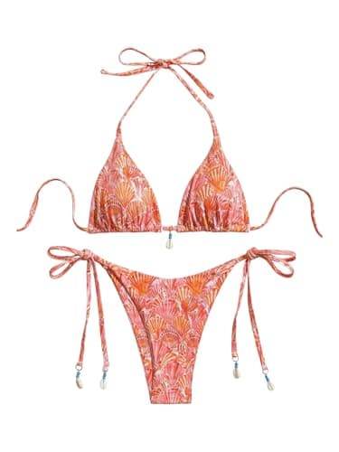 Image of GORGLITTER Women's Triangle Bikini Sets Shell Print Halter Tie Top Swimsuits String Side Bottom 2 Piece Beach Swimwear Orange Small
