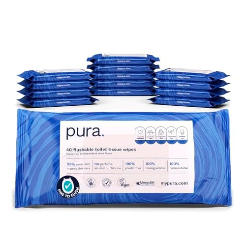 Image of Pura Flushable Moist Toilet Tissue Wipes, 14 x 40 wipes per pack (560 Wipes) 100% Plastic Free, 99% Water Washlets, Certified Fine to Flush Biodegradable, Compostable, Vegan, Gentle, Clean, Wet Wipes