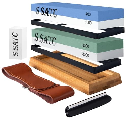 Image of SATC Sharpening Stones for Kitchen Knives 400 1000 3000 8000 Grit Whetstone Knife Sharpener with Non-Slip Wood Base, Flattening Stone, Angle Guide and Leather Strop