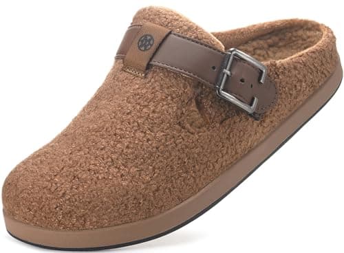 Image of Womens Fluffy Slippers Mens Suede Fur Lined Clogs Winter Warm Comfy Slip On Mules Ladies Indoor Outdoor Garden Shoes,Brown,7.5 UK