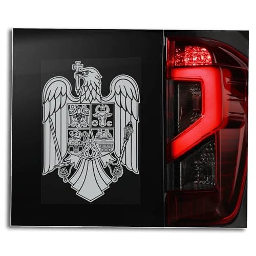 Image of Romania Sticker, Car Window Sign, România Eagle Crest, Country Map Coat of Arms Flag Gift -V04BW (External - White Print)