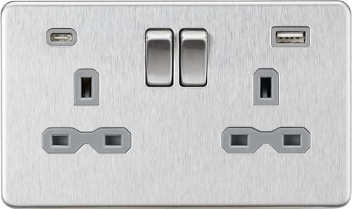 Image of 13A 2G SP Switched Socket with Dual USB A+C (5V DC 4.0A shared) - Brushed Chrome with Grey Insert