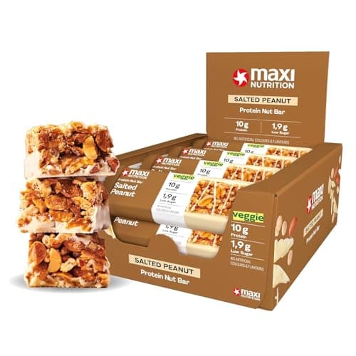 Image of MaxiNutrition Protein Nut Bar - High Fibre Snack - Low in Sugar - 10g Protein - Salted Peanut, Under 230 kcal per Serving, 12 x 46g