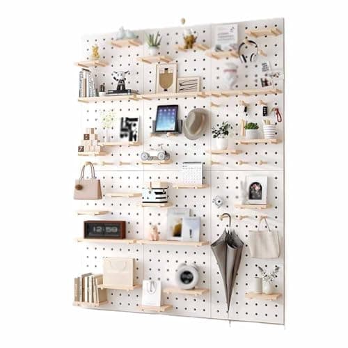 Image of Wooden Pegboard Organizer, Wall Mounted for Efficient Space Management in Home, Office, and Garage