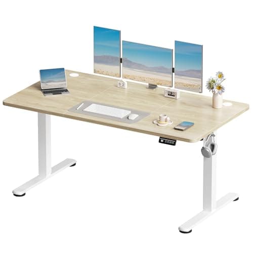 Image of Devoko Electric Standing Desk 150x60cm Sit Stand Table Height Adjustable Desk with Backpack Hook and Memory Smart Pannel, Home Office Desk with Splice Board, Beige