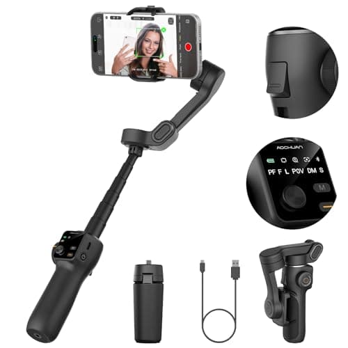 Image of AOCHUAN 3-axis Gimbal Stabilizer w/Built-in 7.8' Extension Rod, Vlogging Phone Gimbal w/AI Tracking, Portable Smartphone Gimbal for iPhone w/Full-Screen OLED Display, Trigger Button Smart V8(Black)