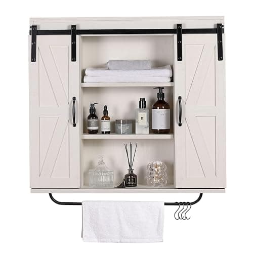 Image of RUSTOWN Rustic Wood Wall Storage Cabinet with Two Sliding Barn Door, 3-Tier Decorative Farmhouse Vintage Cabinet for Kitchen Dining, Bathroom, Living Room, Vintage White
